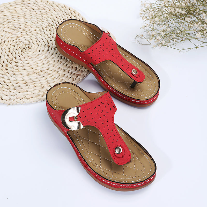 Sommar Nya Kvinnors Metall Dekor Feature Mönster Wedge Flip-Flops