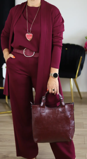 Elegant lång kofta, topp och byxor, 3-delars set