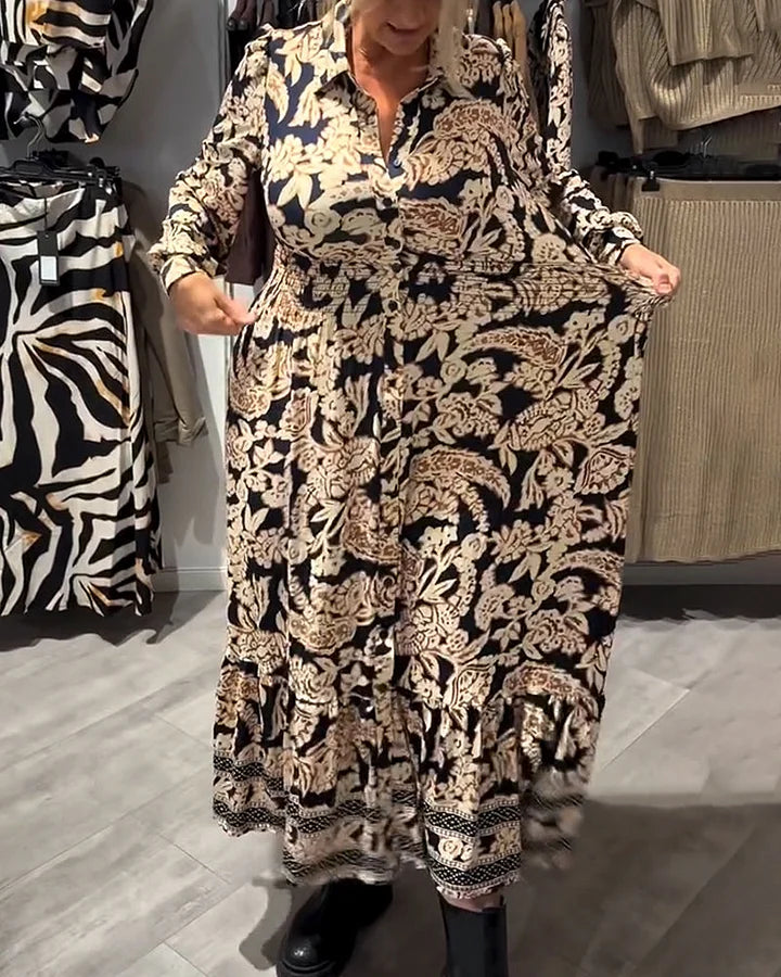 Vintageblommig skjortklänning med midjeknäppning