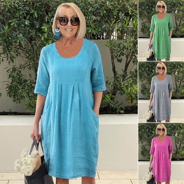đ„GIG SALE 49% OFFđ„đSolid Color Cotton Linen Pockets Tunic Midi Dress