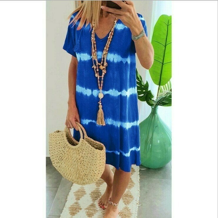 đ„Tie-dye Randig KortĂ€rmad Lös T-shirt KlĂ€nning