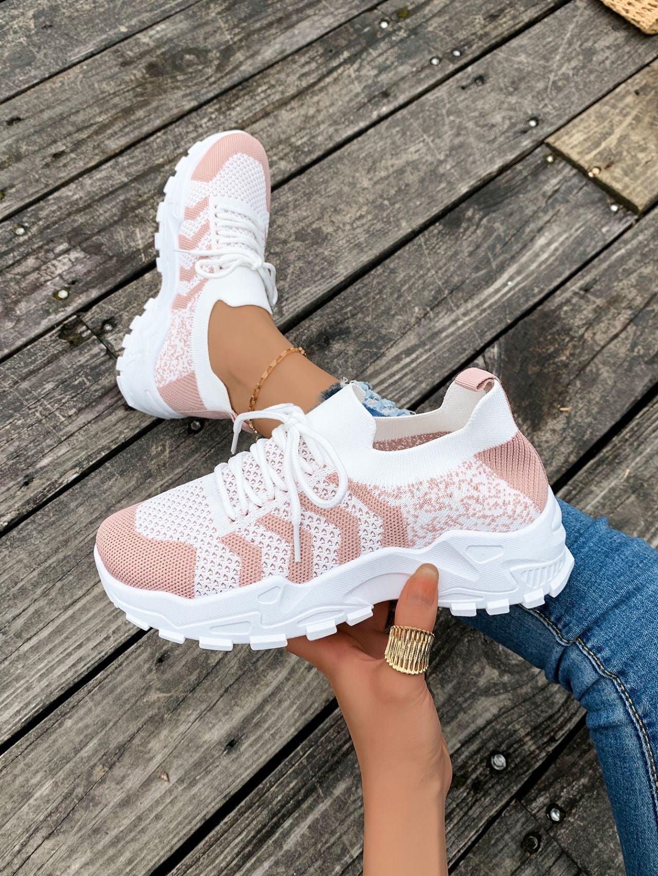 Andningsbara, lediga stickade sneakers för damer