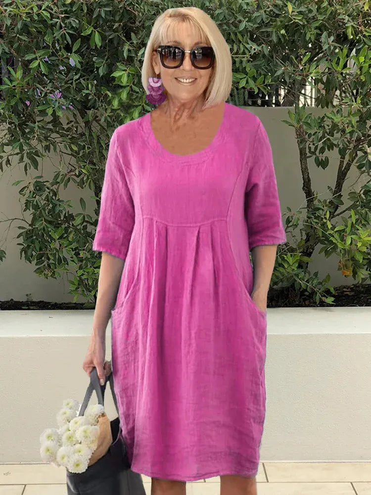 đ„GIG SALE 49% OFFđ„đSolid Color Cotton Linen Pockets Tunic Midi Dress