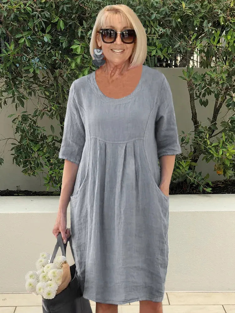 đ„GIG SALE 49% OFFđ„đSolid Color Cotton Linen Pockets Tunic Midi Dress
