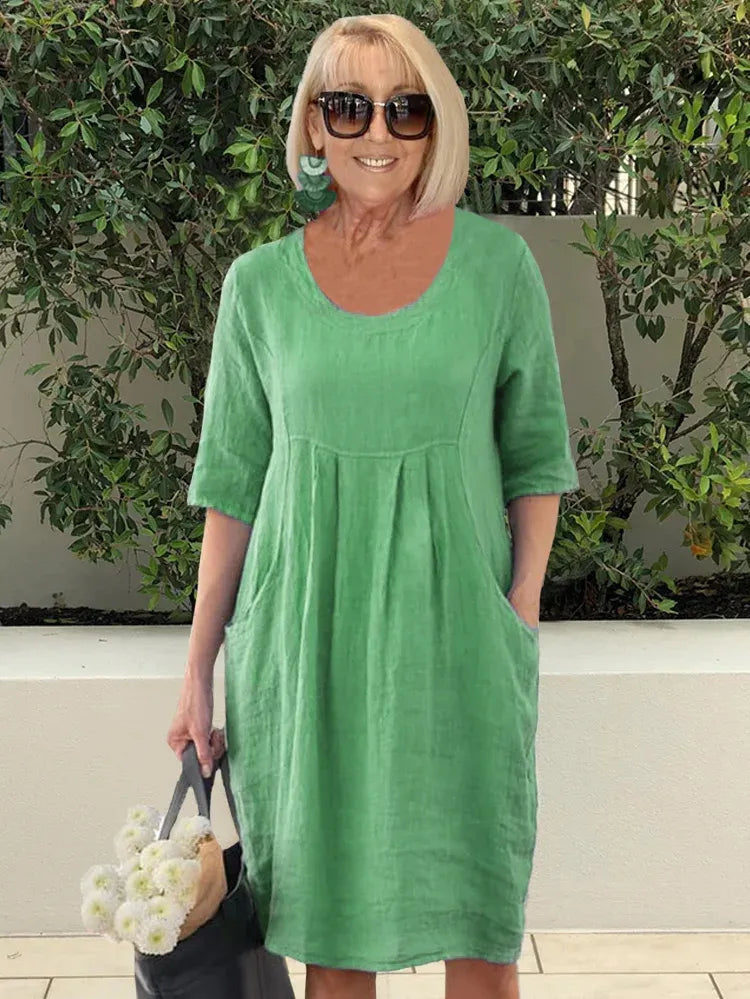 đ„GIG SALE 49% OFFđ„đSolid Color Cotton Linen Pockets Tunic Midi Dress