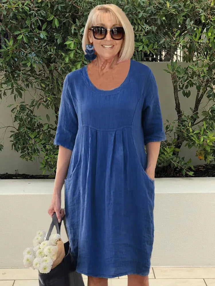 đ„GIG SALE 49% OFFđ„đSolid Color Cotton Linen Pockets Tunic Midi Dress