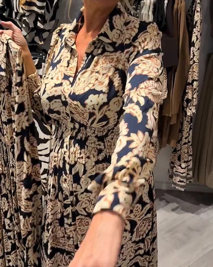 Vintageblommig skjortklänning med midjeknäppning