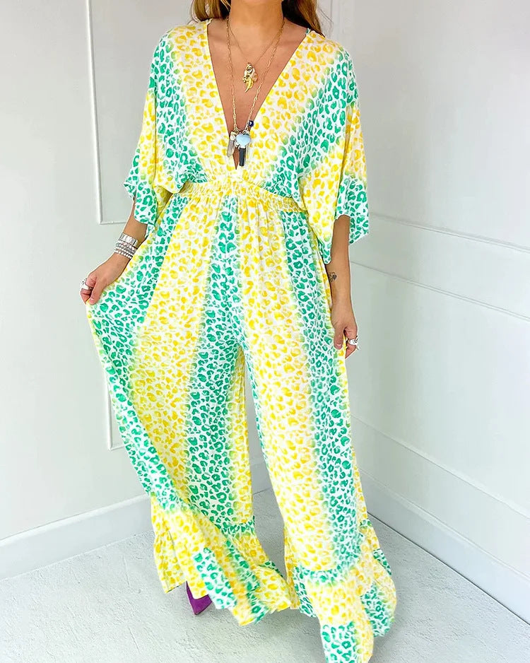 💝2025 Försäljning av nya produkter - 49% rabatt🔥Färgglad leopardmönstrad V-neckad jumpsuit