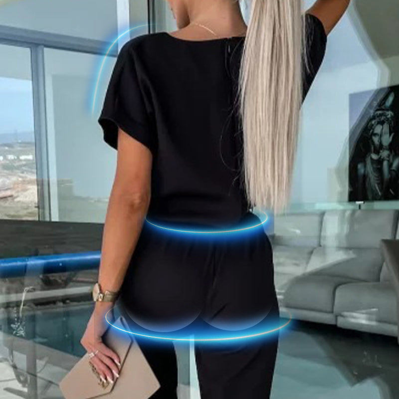 Trendig kortärmad V-neckad jumpsuit med knytband i midjan för kvinnor