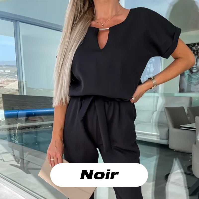 Trendig kortärmad V-neckad jumpsuit med knytband i midjan för kvinnor