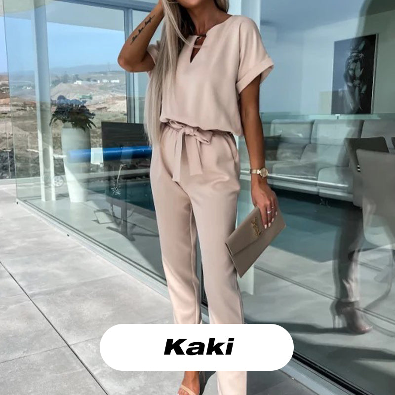 Trendig kortärmad V-neckad jumpsuit med knytband i midjan för kvinnor