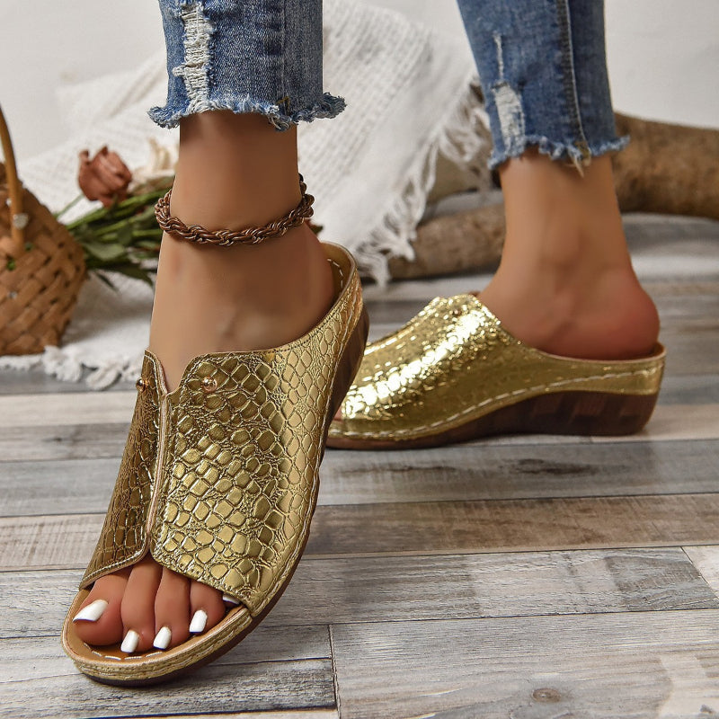 Peep Toe Slip on Wedge Sandaler för kvinnor