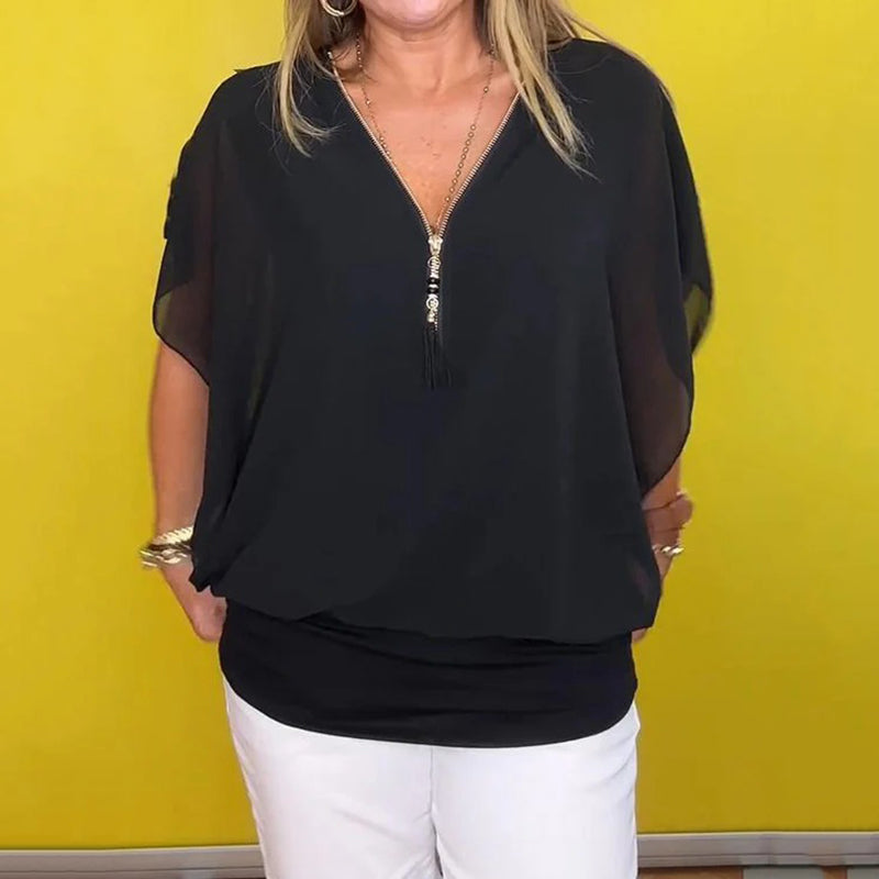 💥Specialförsäljning 49% OFF👗Avslappnad damtopp med dragkedja och chiffonghals