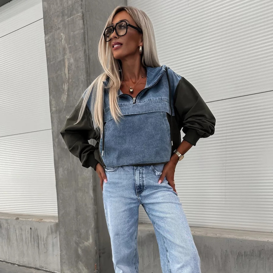 Denimjacka med huvtröja och dragsko för kvinnor