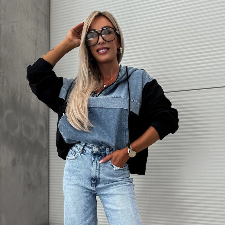 Denimjacka med huvtröja och dragsko för kvinnor