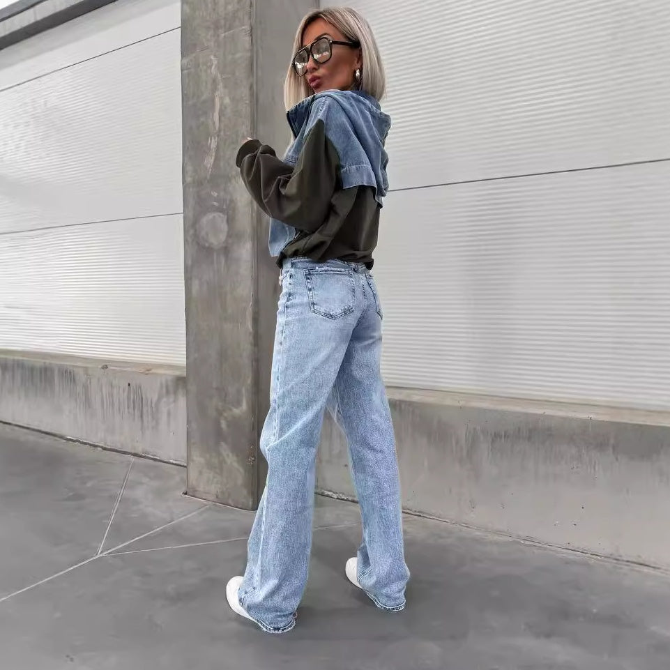 Denimjacka med huvtröja och dragsko för kvinnor
