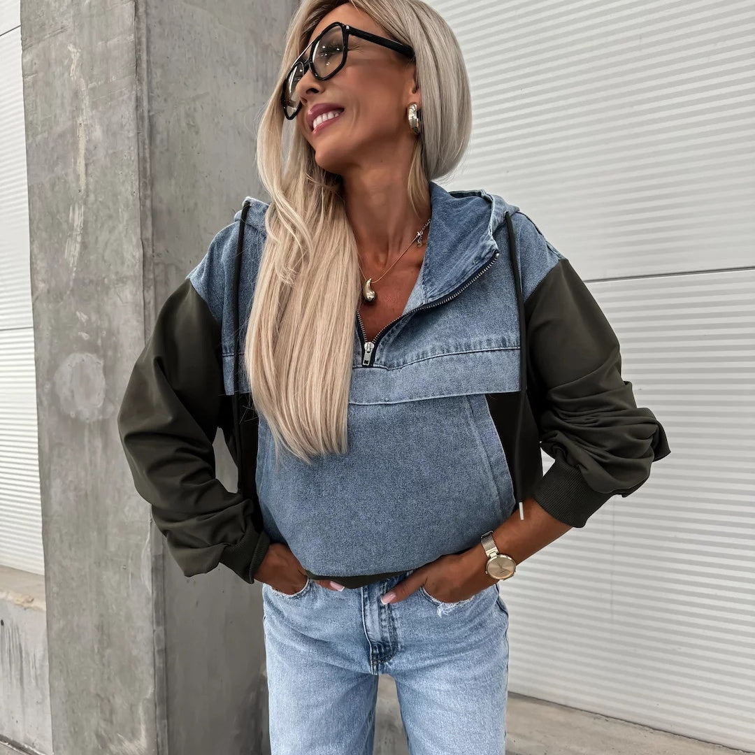 Denimjacka med huvtröja och dragsko för kvinnor