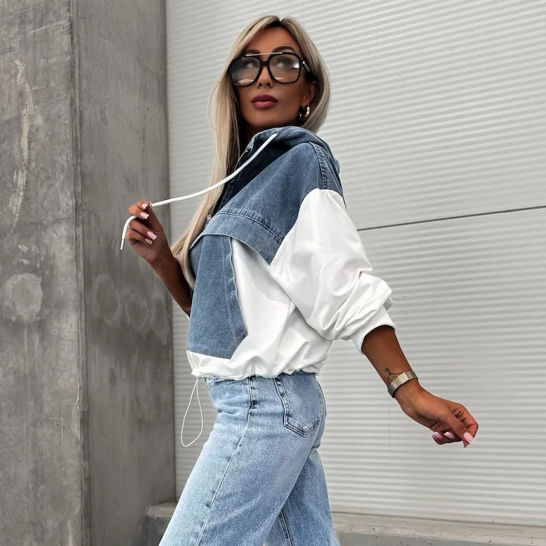 Denimjacka med huvtröja och dragsko för kvinnor