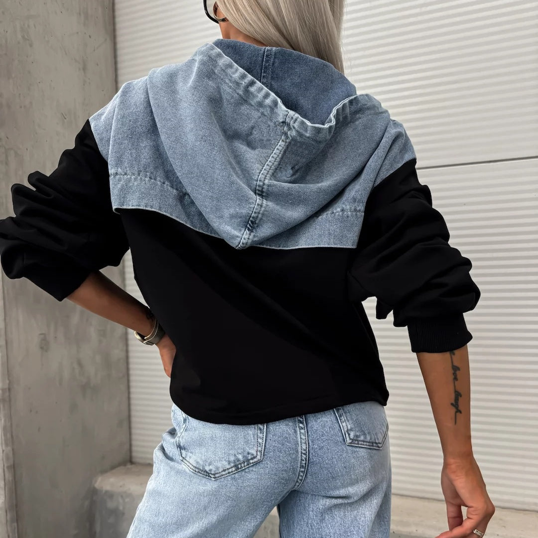 Denimjacka med huvtröja och dragsko för kvinnor