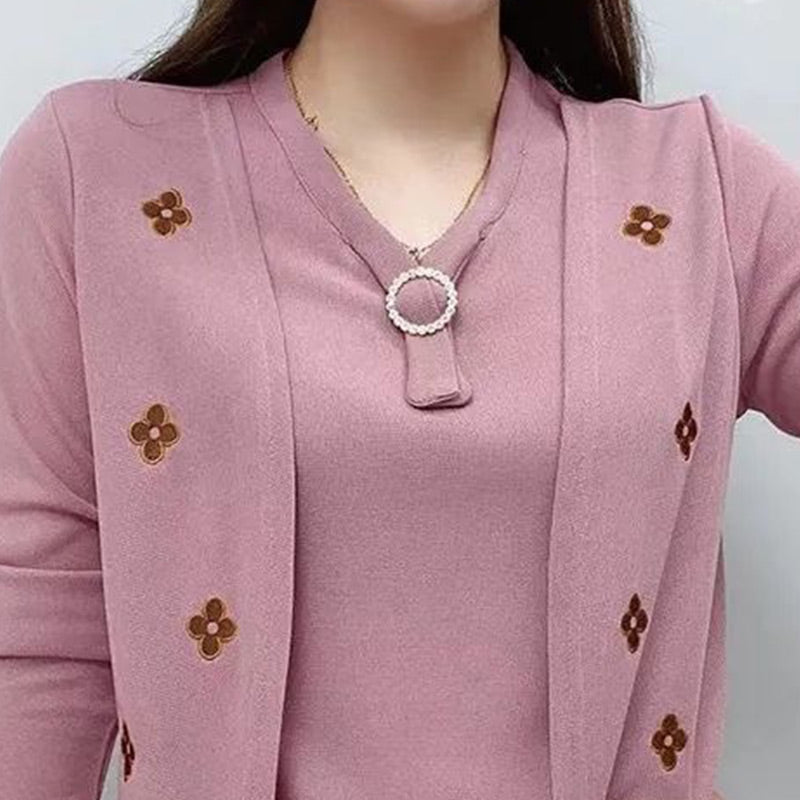 Elegant broderad blommig V-ringad topp för kvinnor