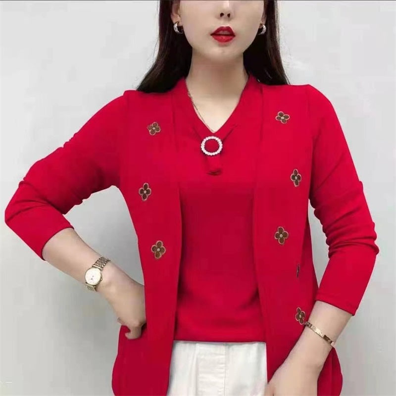 Elegant broderad blommig V-ringad topp för kvinnor