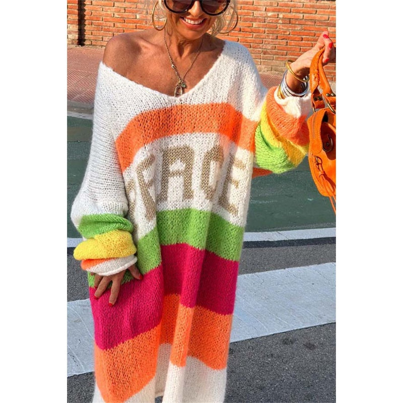Nu kan du njuta av 50% rabattđ„Color Block V-Neck Letter Print Sweater Dress