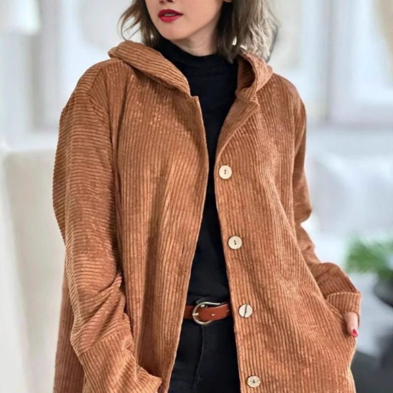 Oversized jacka med huva och knappar i corduroy för damer