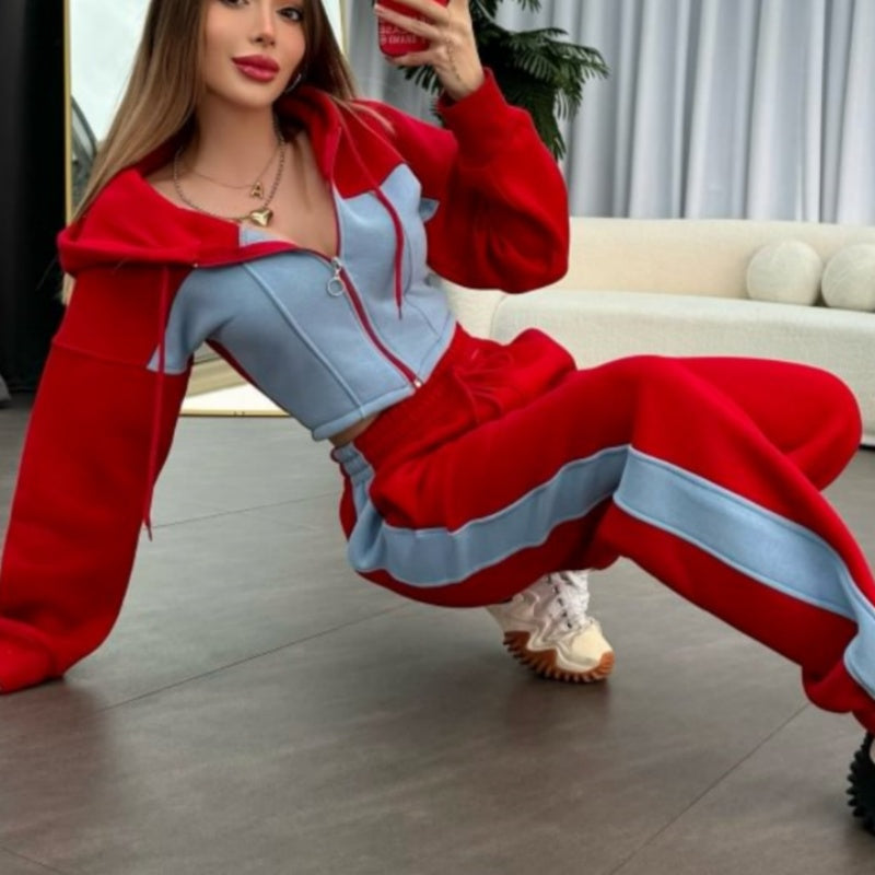 Trendy Color Block Jacket & Pants 2-delat set för kvinnor
