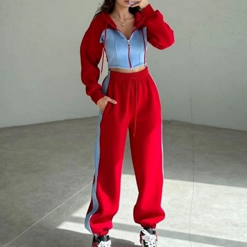 Trendy Color Block Jacket & Pants 2-delat set för kvinnor