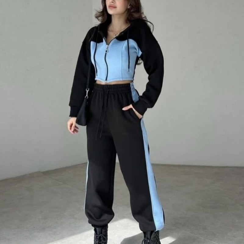 Trendy Color Block Jacket & Pants 2-delat set för kvinnor