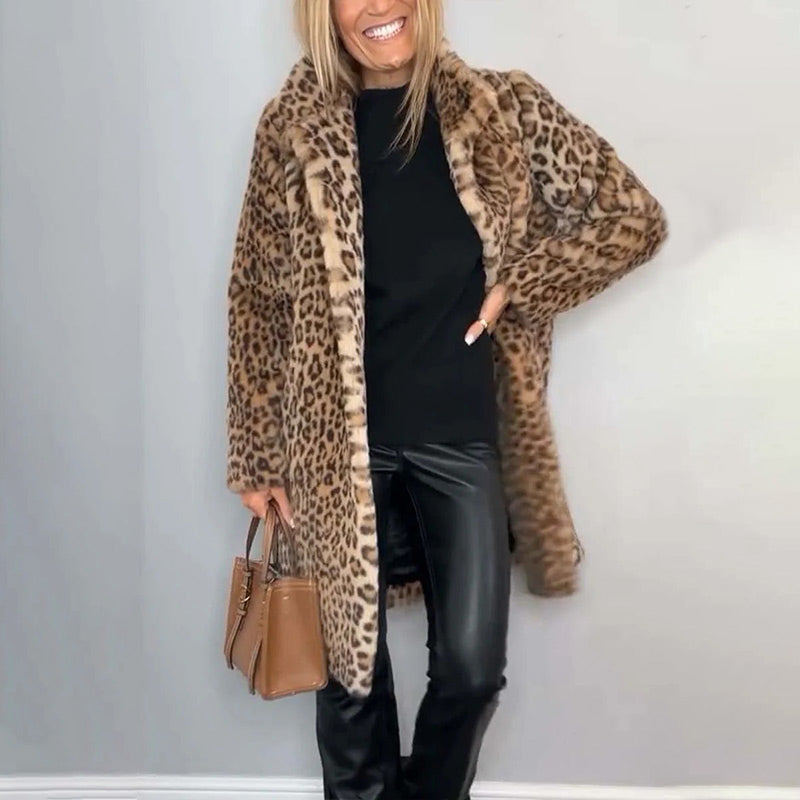 ❄️Vinterspecialerbjudanden❄️ Midilång jacka med leopardmönster för damer