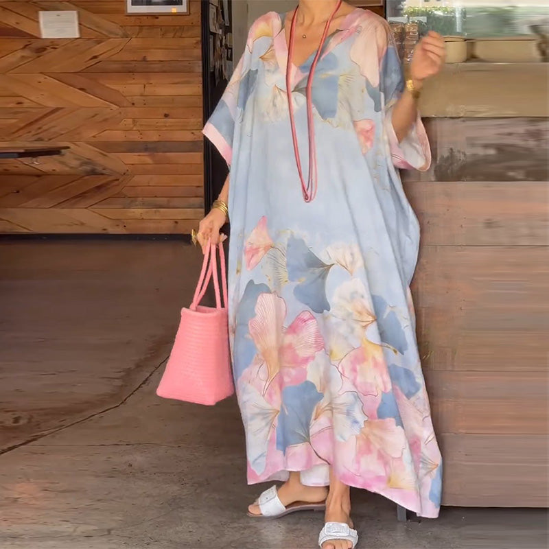 đ„2025 NYA REA - 50% RABATTđ„Floral Print Lös lĂ„ngklĂ€nning med halv Ă€rm