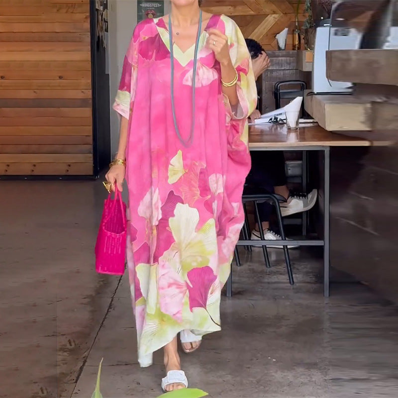 đ„2025 NYA REA - 50% RABATTđ„Floral Print Lös lĂ„ngklĂ€nning med halv Ă€rm