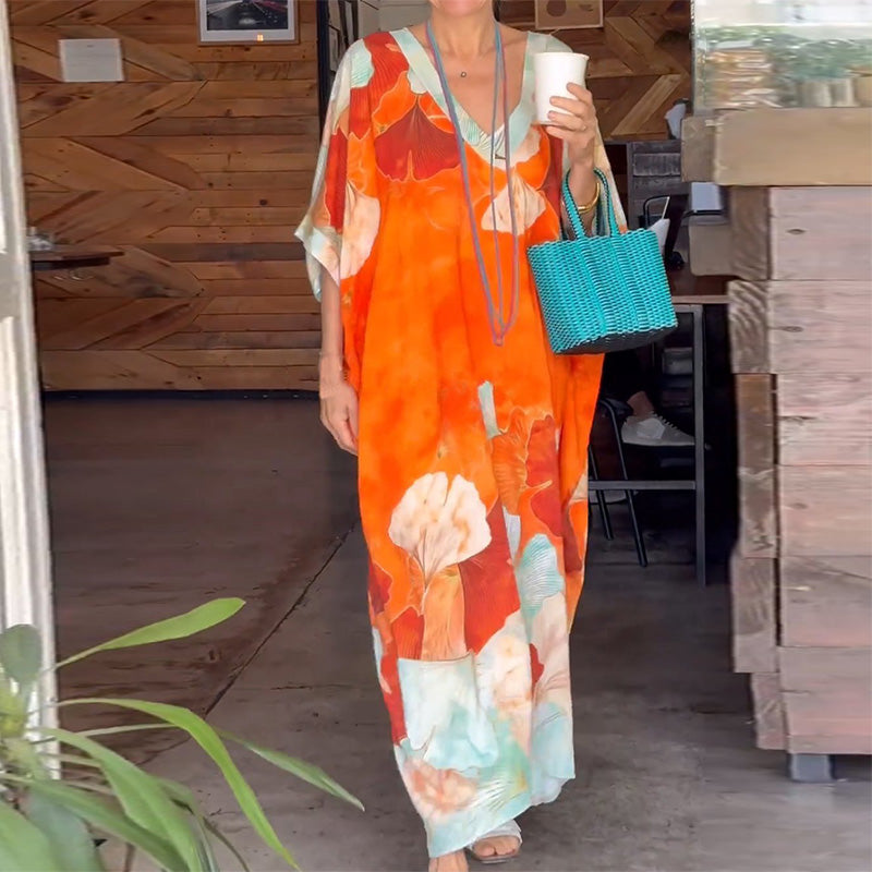đ„2025 NYA REA - 50% RABATTđ„Floral Print Lös lĂ„ngklĂ€nning med halv Ă€rm