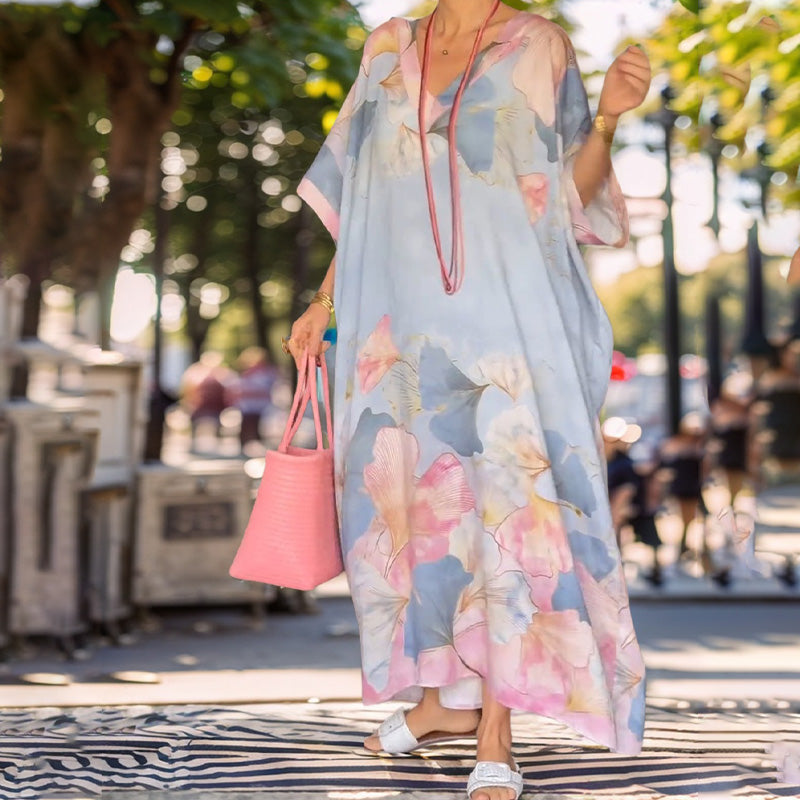 đ„2025 NYA REA - 50% RABATTđ„Floral Print Lös lĂ„ngklĂ€nning med halv Ă€rm