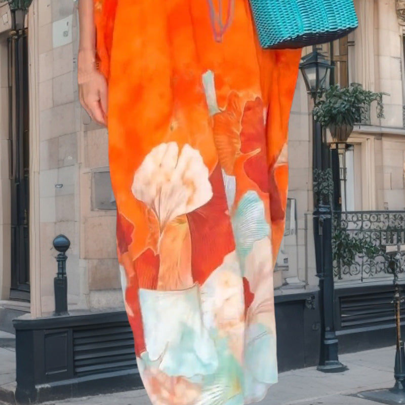 đ„2025 NYA REA - 50% RABATTđ„Floral Print Lös lĂ„ngklĂ€nning med halv Ă€rm