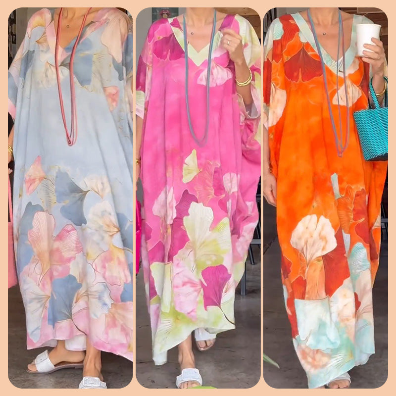 đ„2025 NYA REA - 50% RABATTđ„Floral Print Lös lĂ„ngklĂ€nning med halv Ă€rm