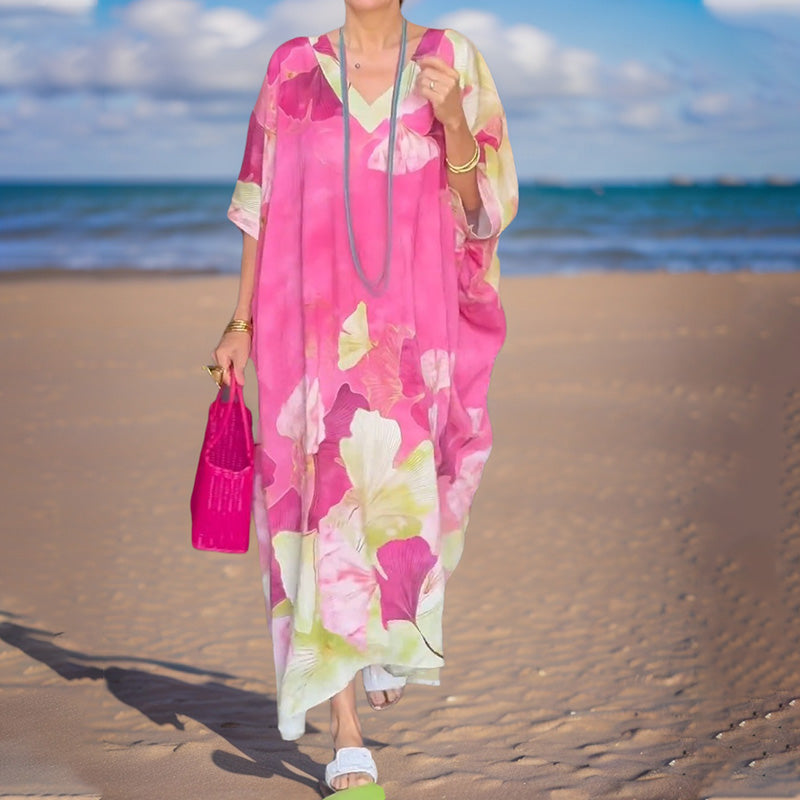 đ„2025 NYA REA - 50% RABATTđ„Floral Print Lös lĂ„ngklĂ€nning med halv Ă€rm