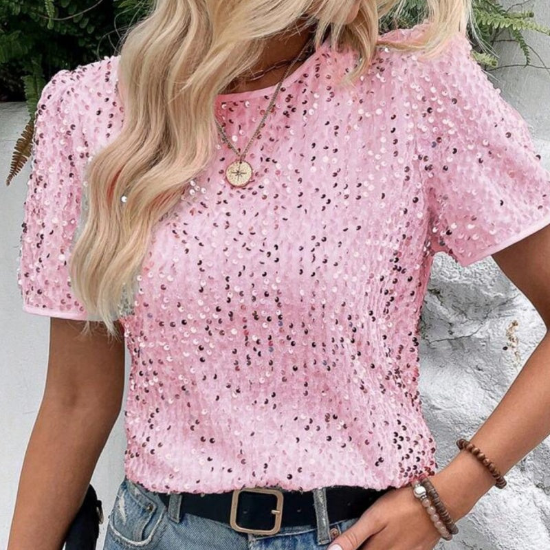 Snygg lös rund hals Sequin T-Shirt för kvinnor (50% OFF)