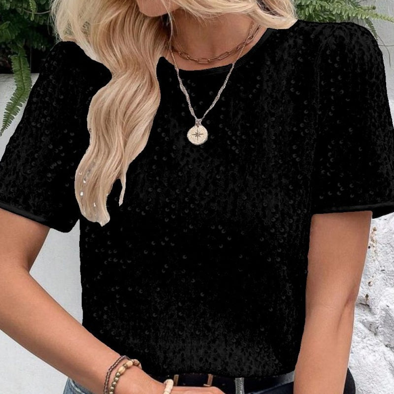 Snygg lös rund hals Sequin T-Shirt för kvinnor (50% OFF)