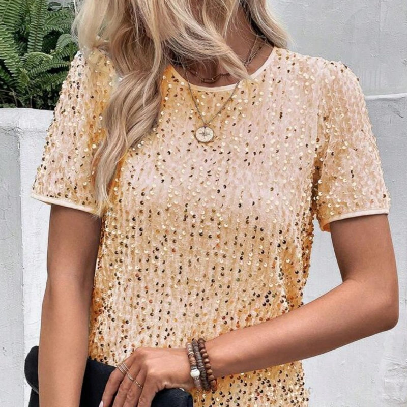 Snygg lös rund hals Sequin T-Shirt för kvinnor (50% OFF)