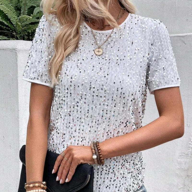 Snygg lös rund hals Sequin T-Shirt för kvinnor (50% OFF)