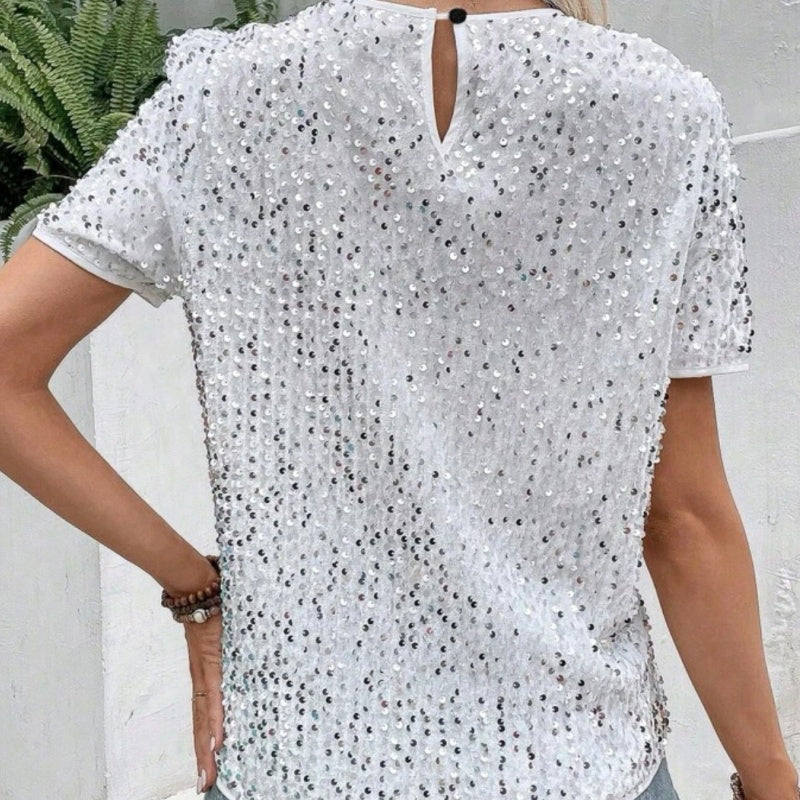 Snygg lös rund hals Sequin T-Shirt för kvinnor (50% OFF)
