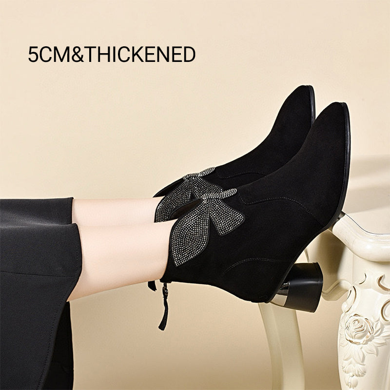 Glänsande Bowknot Pointed Toe Chunky Ankle Boots