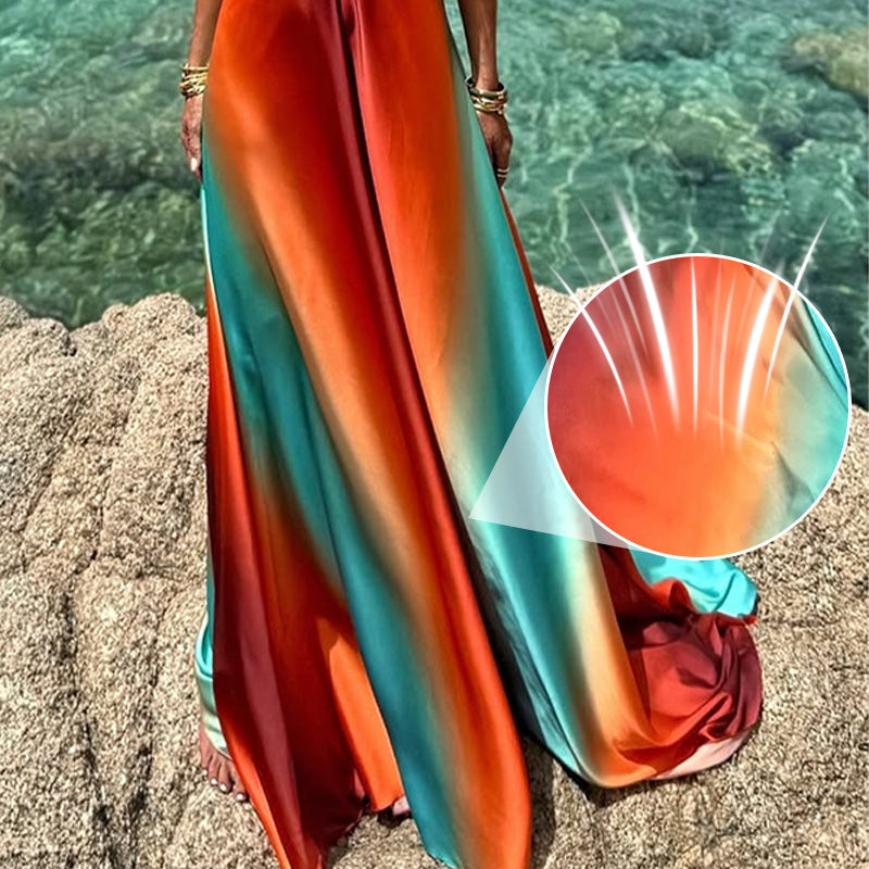 ✨Ny kollektion✨Neon sunset tryckt metallic dekoration med utskärning i ryggen och knytband semester maxiklänning