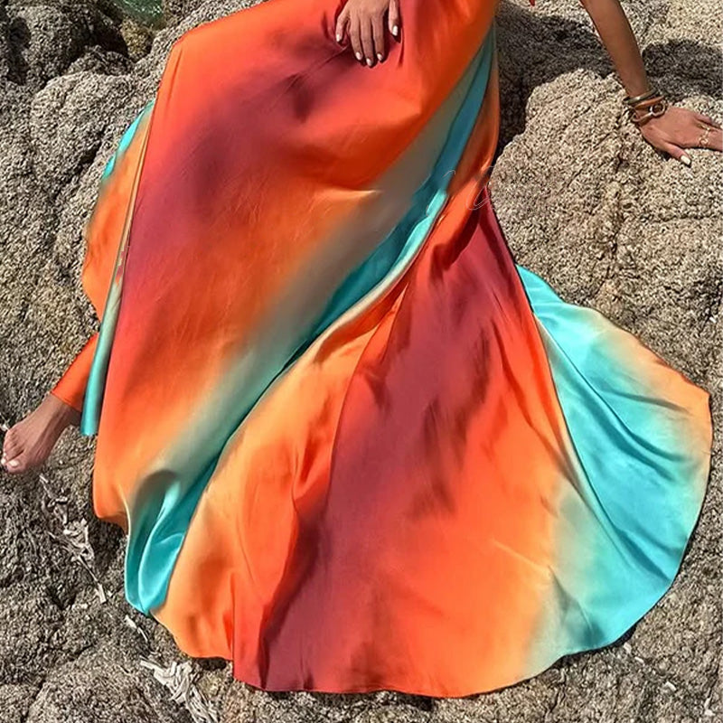 ✨Ny kollektion✨Neon sunset tryckt metallic dekoration med utskärning i ryggen och knytband semester maxiklänning