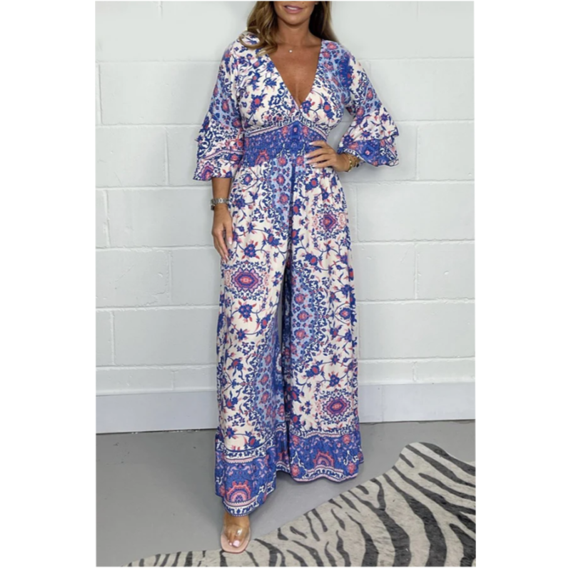 Jumpsuit med V-hals och tryck för kvinnor