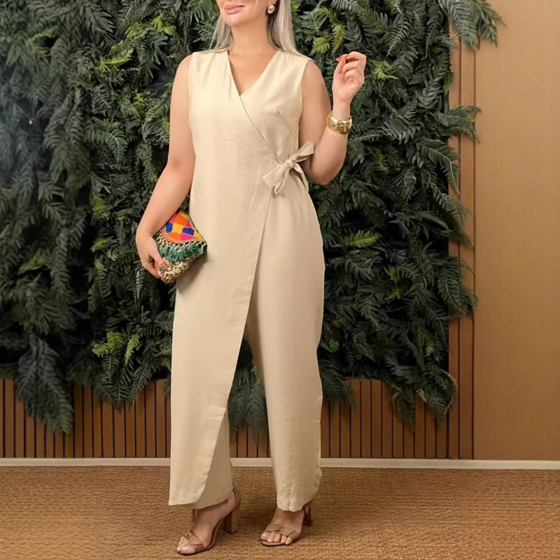 V-ringad jumpsuit med knytband, enfärgad, casual, dam