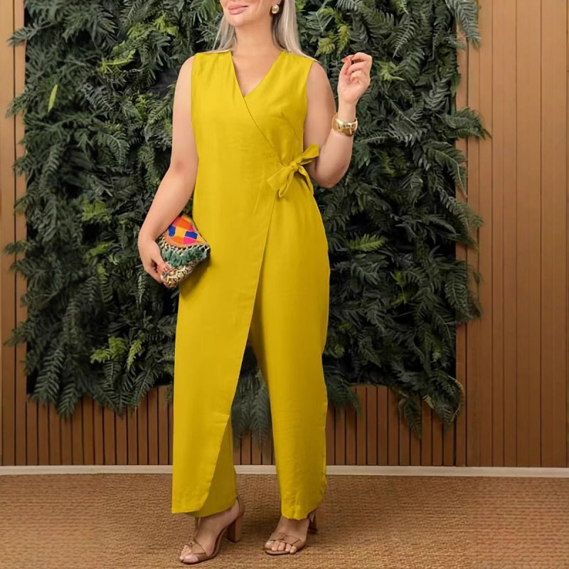 V-ringad jumpsuit med knytband, enfärgad, casual, dam