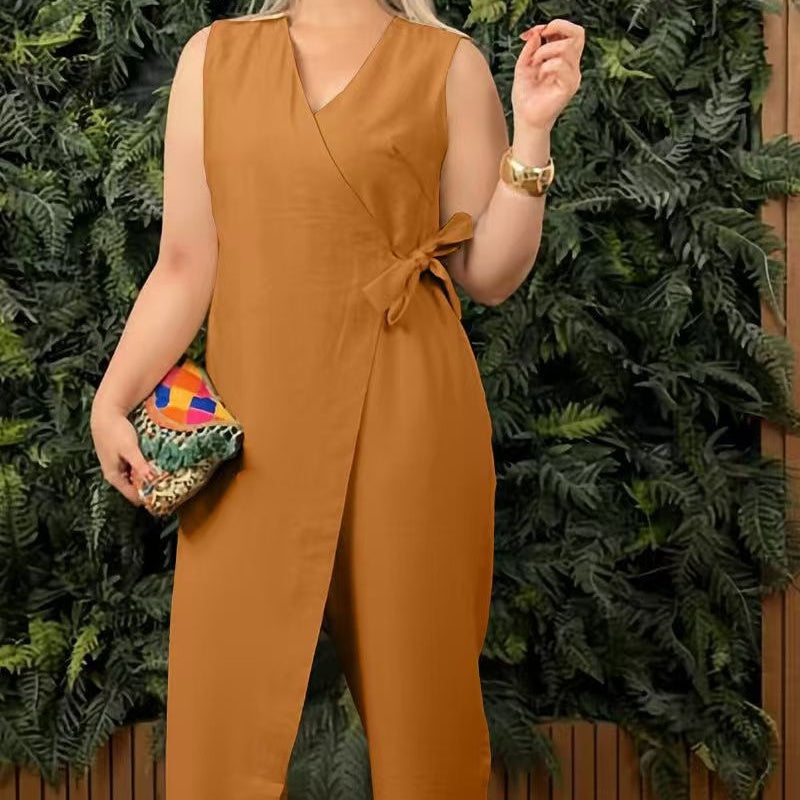 V-ringad jumpsuit med knytband, enfärgad, casual, dam